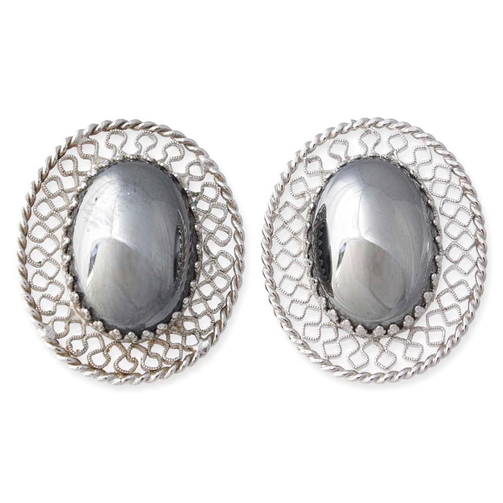 Vintage Whiting & Davis Faux Hematite Clip On Earrings Oval Cabochon Silver Tone